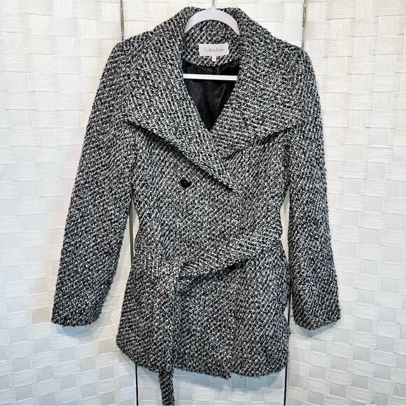 Calvin Klein Tweed Double Breasted Pea Coat Wool Blend Belted Jacket Womens 8 - Picture 10 of 16